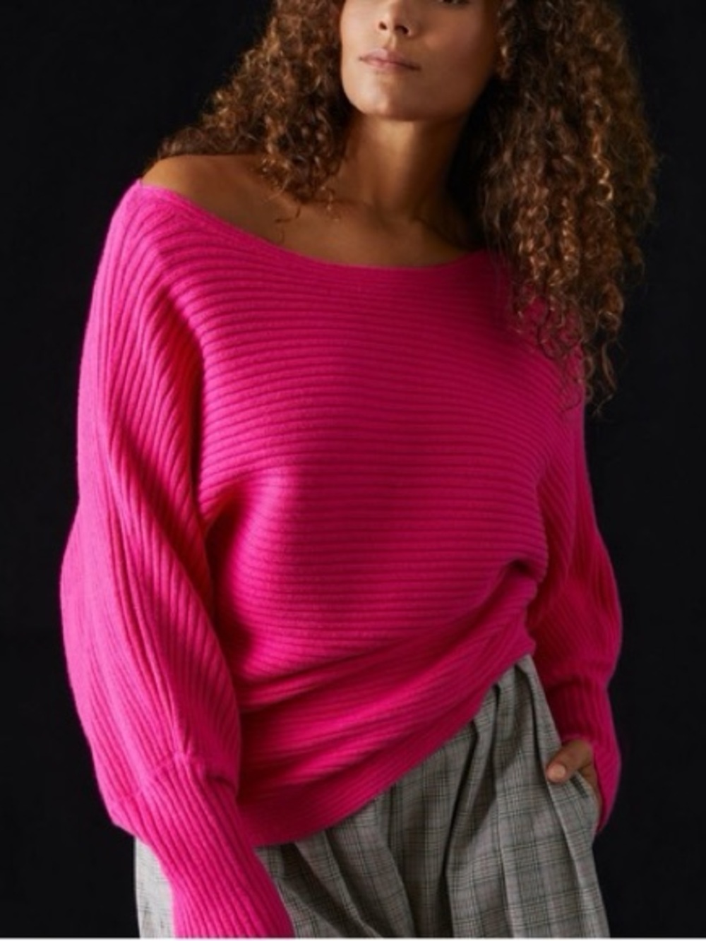 By Anthropologie Pink Rib Ribbed Oversized Sweater Off the Shoulder Womens Large